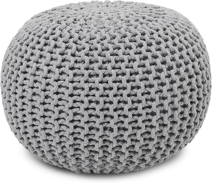 REDEARTH · Round Boho Pouf Ottoman - Cable Knitted Cord Boho Pouffe - Stuffed Poof Accent Beanbag Footrest for Living Room - Nursery - Bedroom - Covered Patio - Study Nook (19.5"x19.5"x14") - Gray