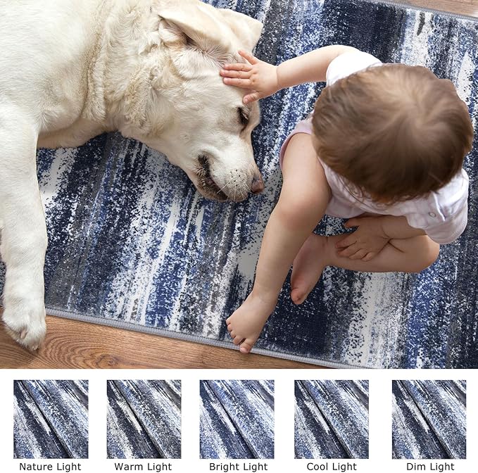 Modern Abstract Entryway Rug Indoor 2x3 Washable Rug Non-Slip Soft Small Area Rug Navy Blue Kitchen Mats Thin Print Faux Wool Floor Carpet Throw Rugs for Entrance Bedroom