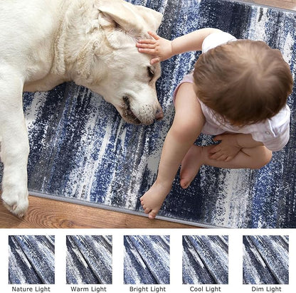 Modern Abstract Hallway Runner Rug, Navy Blue Washable Kitchen Runner Non-Slip Soft 2x8 Runner Rug Thin Print Faux Wool Carpet for Entryway Bedroom Laundry Room Indoor