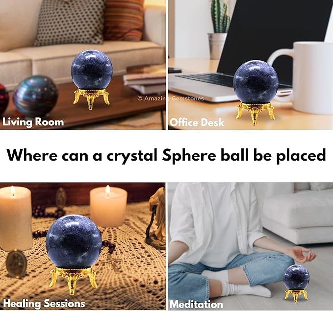 Amazing Gemstone Iolite Crystal Ball with Stand - 1.5 Inches Crystal Sphere Meditation Balls for Witchcraft and Decorative Balls