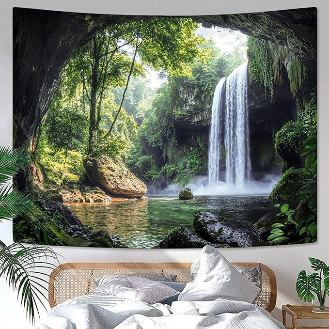 kampdream Landscape Tapestry, Scenery Art Wall Tapestries, Nature Wall Decor for Bedroom Living Room Backdrop Cave Waterfall 44×60 inches
