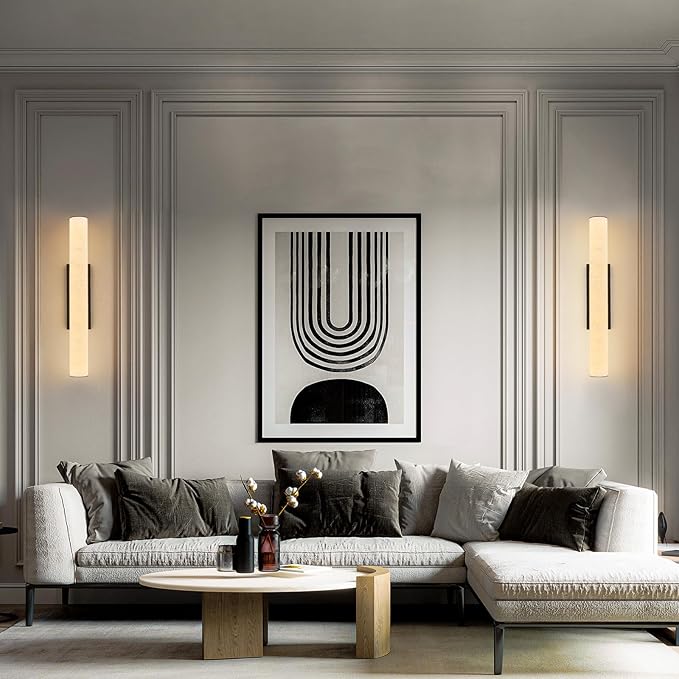 LMQNINE Natural Alabaster Wall Sconces Spanish Marble Wall Light Cylinder Modern Black LED Sconce for Living Room Bedroom Bathroom Stairs（M-1Pack）