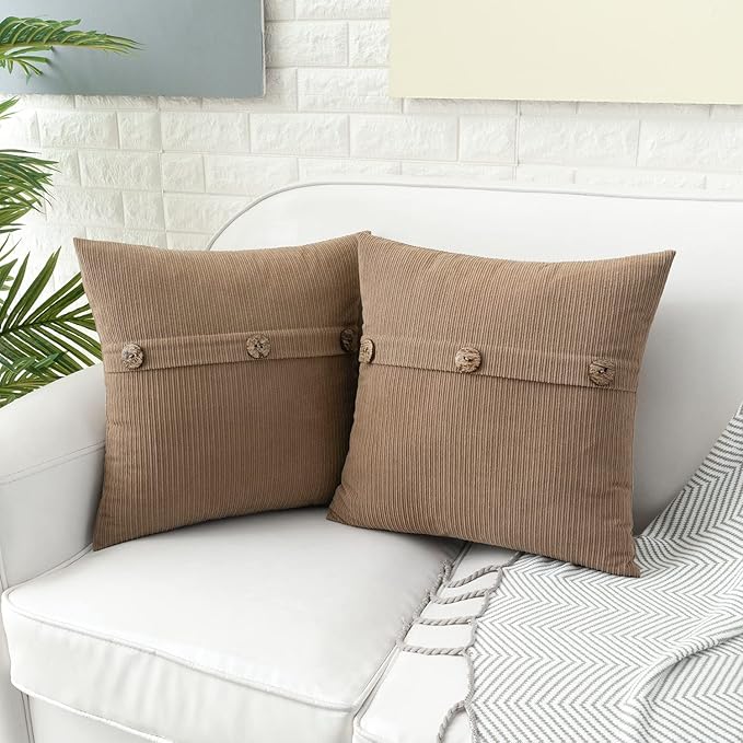 HWY 50 Taupe Chenille Throw Pillow Covers 22x22 Inch with Triple Buttons, Soft Farmhouse Accent Decorative Cushion Cases for Couch Sofa Bed Living Room Pack of 2