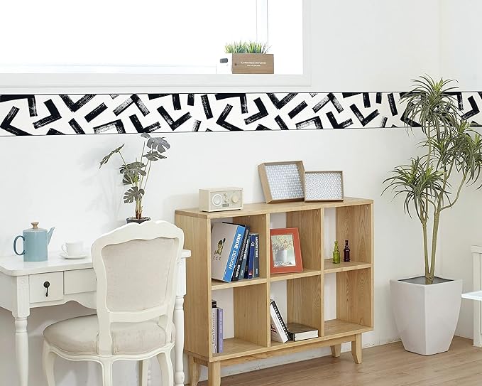 FLFK Black and White Design Wallpaper Border - Peel and Stick Wall Paper, Self Adhesive Removable PVC Borders Sticker, Modern Waterproof Trim for Home Decor, 7" x 240"