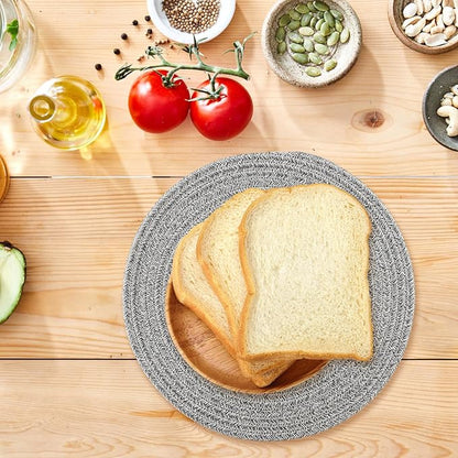 8 Pack Round Woven Placemats 13.5 Inches Heat Resistant Placemats Farmhouse Cotton Rope Braided Place Mats for Dining Tables Trivets for Hot Dishes, Light Grey