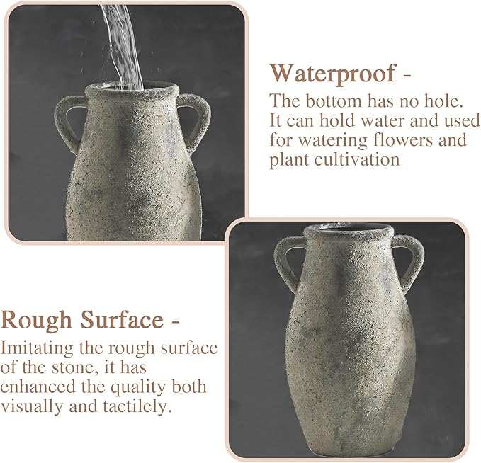 Ceramic Flowers Vase - Rustic Decorative Vase for Home Decor, 9 inch Vintage Terracotta Vase for Flowers, Pottery Vase with 2 Hanldes for Home Living Room Decor, Non-Slip Lyeec Vases