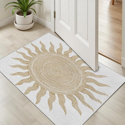 Boho Washable Rugs for Bedroom 3x4, Modern Sun Print Soft Minimalism Area Rug, Non Slip Low Pile Abstract Carpet for Classroom Living Room Decor Dining Room Sofa Kids Nursery Room, Beige Yellow