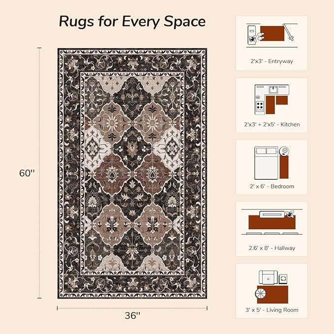 Lessymo Large Entryway Rug 3x5, Moroccan Washable Area Rugs for Large Kitchen, Bedroom Bedside, Living Room, Non Slip Low Pile Carpet with Rubber Backing Non Slip, Taupe and Beige