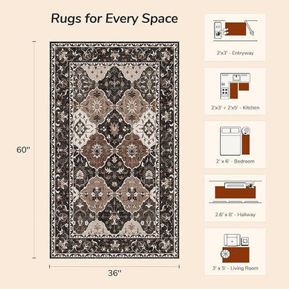 Lessymo Large Entryway Rug 3x5, Moroccan Washable Area Rugs for Large Kitchen, Bedroom Bedside, Living Room, Non Slip Low Pile Carpet with Rubber Backing Non Slip, Taupe and Beige