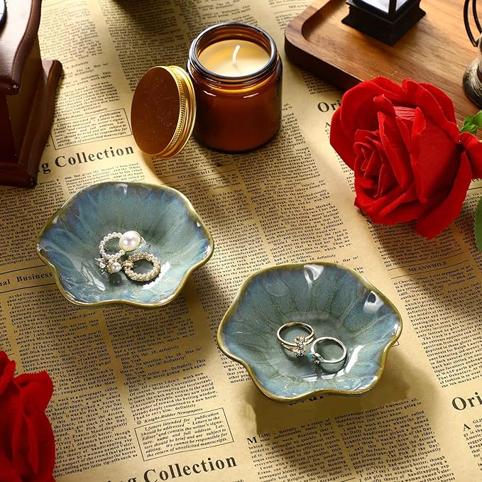 8 Pcs Ceramic Trinket Dish Lotus Leaf Jewelry Tray Small Ring Dish for Earrings, Rings, Jewelry Holder, Key Bowl(Dark Green)