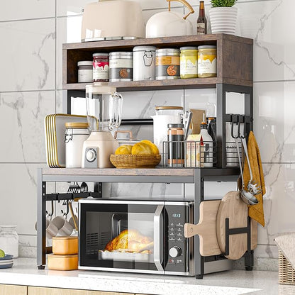 EnHomee Microwave Stand, 4-Tier with 9 Hooks for Kitchen Countertop Organizer, 205LBS Microwave Shelf, Adjustable Kitchen Shelves Microwave Stand with Storage and Microwave Oven Rack (Brown)