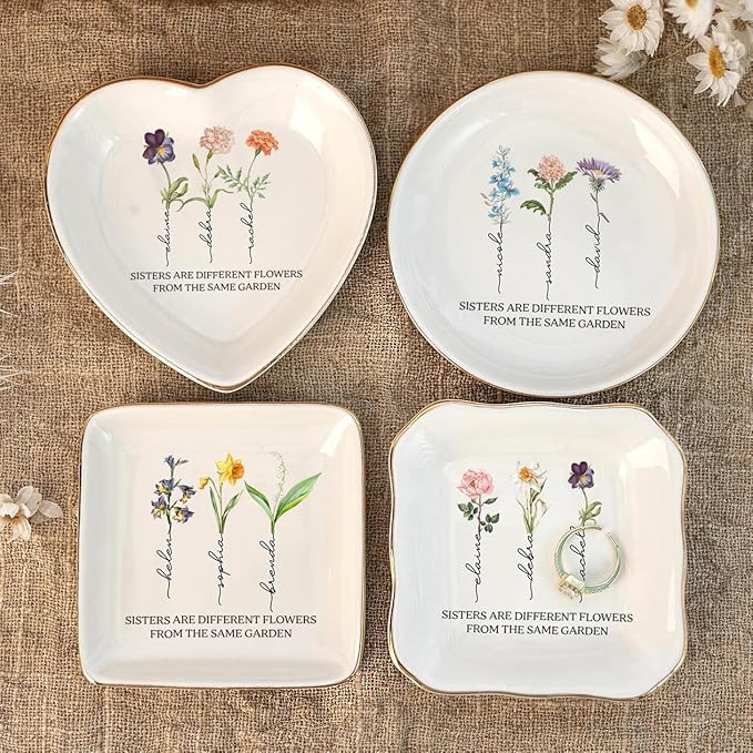 It Takes A Long Time to Grow Old Friends, Personalized Best Friend Jewelry Dish, Custom Names and Birth Month Flowers Ring Dish, Bestie Gifts Long Distance Friendship Gifts