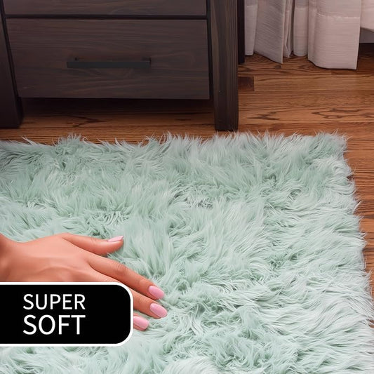 4 x 6 ft Fluffy Mint Green Faux Sheepskin Rug – Large Faux Fur Carpet for Bedroom or Living Room – Plush and Inviting Sheepskin Decor