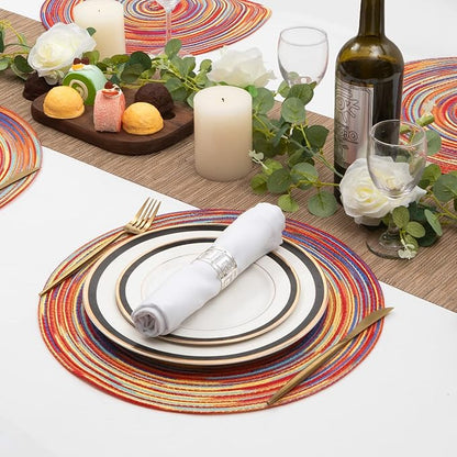SHACOS Round Braided Placemats Set of 4 Variegated Colorful Placemats for Dining Tables Holiday Party Decor (Rainbow Red, 4)