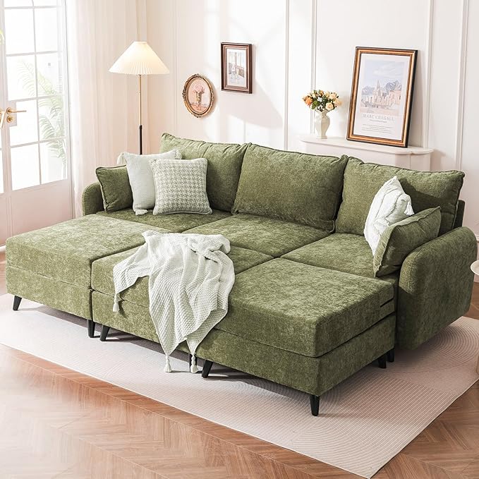 104'' Modular Sectional Sofa with Seats Storage,Oversized Sleeper Sofa Bed,Comfy Cloud Couches with Deep Seat,Couches for Living Room,Movable Ottoman,2 Throw Pillow,Chenille,Green