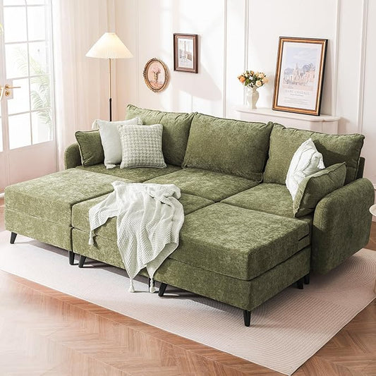 104'' Modular Sectional Sofa with Seats Storage,Oversized Sleeper Sofa Bed,Comfy Cloud Couches with Deep Seat,Couches for Living Room,Movable Ottoman,2 Throw Pillow,Chenille,Green
