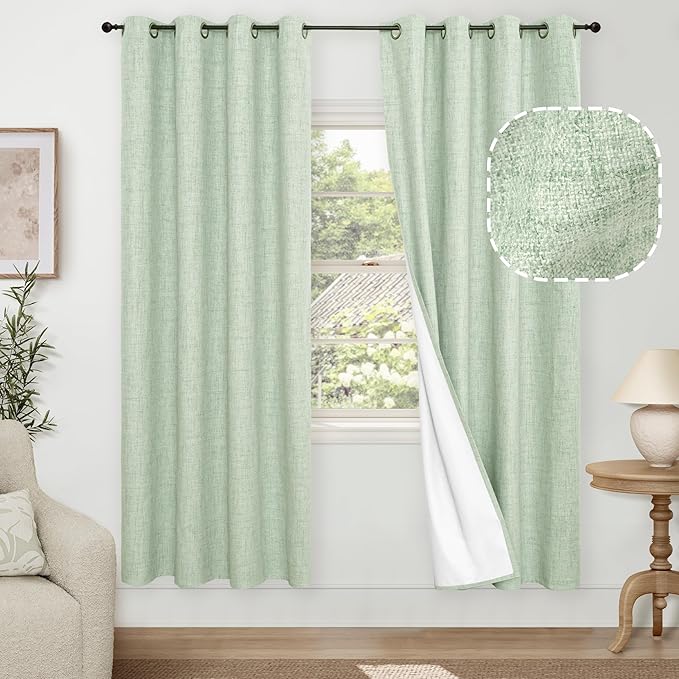 Lajode Sage Green Blackout Curtains for Bedroom - Linen Curtains 72 Inch Length Thermal Insulated Privacy Burlap Boho Window Drapes for Living Room Scandi Farmhouse Dining, 2 Panels, Each 52" Wide