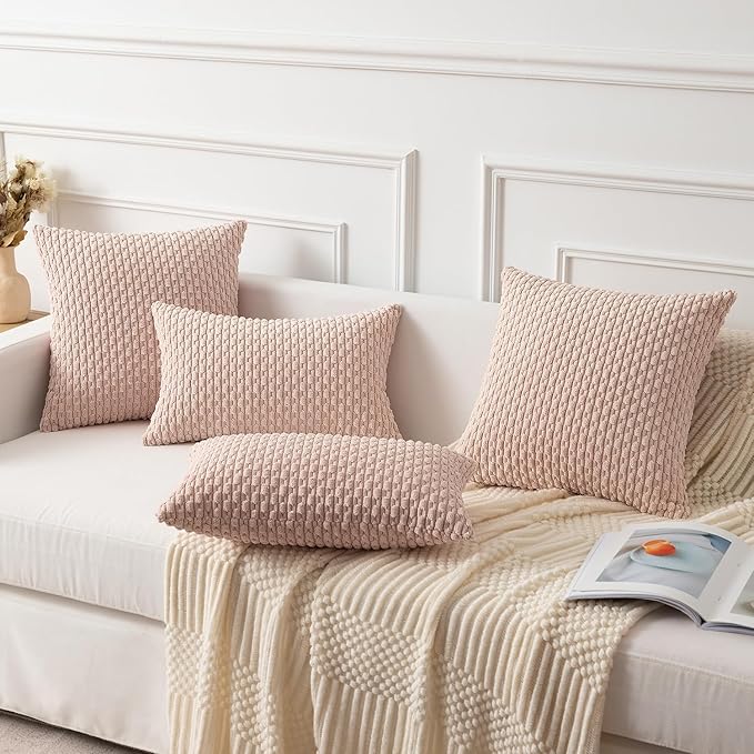 Kevin Textile Pack of 2 Corduroy Decorative Throw Pillow Covers 22x22 Inch Soft Boho Striped Pillow Covers Modern Home Decor Valentines Day Gifts for Spring Sofa Living Room Couch Bed Light Pink