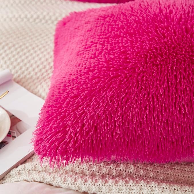 Uhamho Set of 2 Standard Pillowcases Faux Fur Throw Pillow Covers Queen Size Shams Soft Velvet Decorative Zipper Closure (Hot Pink, 20"x26")