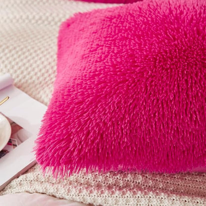 Uhamho Set of 2 Standard Pillowcases Faux Fur Throw Pillow Covers Queen Size Shams Soft Velvet Decorative Zipper Closure (Hot Pink, 20"x26")