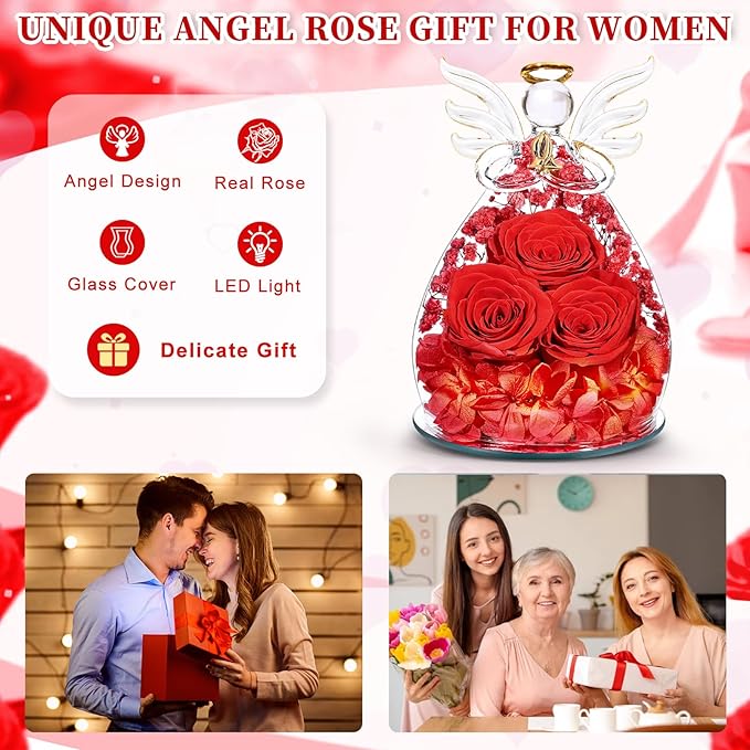 Beferr Valentines Day Rose Gifts for Her Women Mom Gifts for Birthday, Fresh Flowers for Delivery Prime Forever Preserved Rose in Glass Angel Figurine, for Grandma Wife Kids Daughter