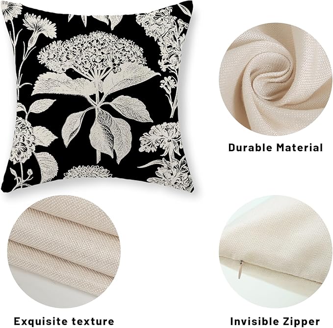 Black Pillow Covers 20x20 Inch Set of 2 Vintage Boho Floral Hydrangea Herbs Botanical Throw Pillows Outdoor Flower Decoration Pillowcase Linen Farmhouse Cushion Case Decorative for Couch Sofa