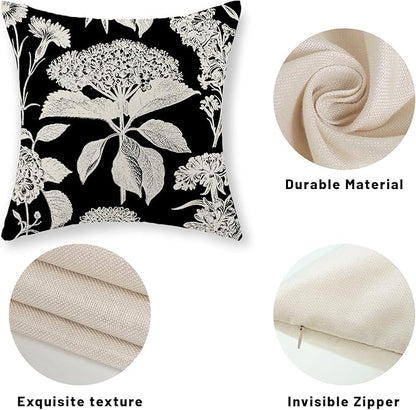 Black Pillow Covers 16x16 Inch Set of 2 Vintage Boho Floral Hydrangea Herbs Botanical Throw Pillows Outdoor Flower Decoration Pillowcase Linen Farmhouse Cushion Case Decorative for Couch Sofa