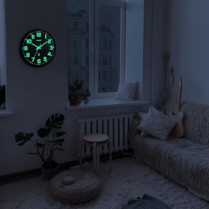Sharp Glow in The Dark Atomic Analog Wall Clock - 12" Clock with Black Frame - Sets Automatically - Battery Operated - Easy to Read - Easy to Use – See Day or Night!