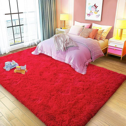 8x10 Large Area Rugs for Living Room, Ultra Fluffy Shag Rug for Bedroom, Modern Plush Soft Carpet for Girls Boys Kids Room Dorm Fuzzy Non Slip Rug for Home Decor Aesthetic, Red