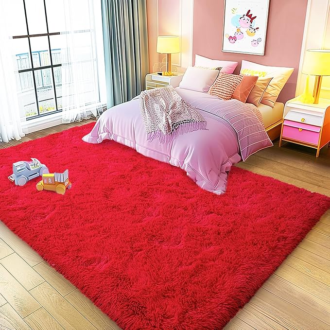 Ultra Fluffy Area Rugs for Living Room Bedroom, 6x9 Fuzzy Large Living Room Rugs, Thick Shag Rug for Dorm, Soft Non Slip Kids Girls Boys Rug for Home Decor Aesthetic, Red