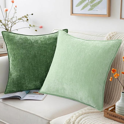 decorUhome Spring Couch Euro Sham Throw Pillow Covers 22x22 Set of 2, Decorative Soft Velvet Neutral Chenille Pillow Covers with Elegant Design for Sofa Bed Living Room Home Decor, Sage Green