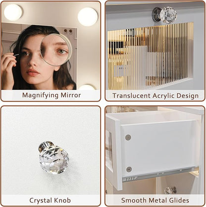 Makeup Vanity Desk with LED Lights and Large 23.5’’ Mirror, 9 Drawers Vanity with Glass Top & 3 Color Hollywood Bulbs, Make Up Vanity with Charging Station & Crystal Knobs for Woman, White