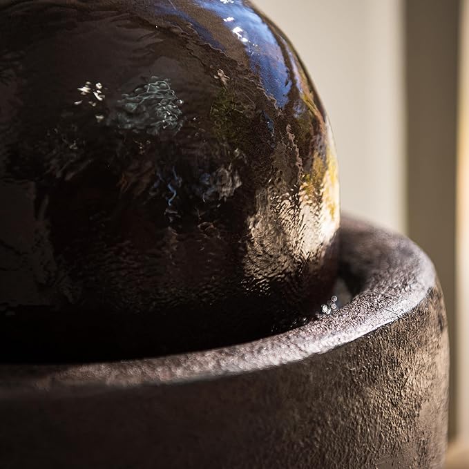 XBrand 25.98" H Black Round Stone Indoor/Outdoor Modern Sphere Water Fountain w/LED Lights – Ball Bubbling Fountain Décor for Garden, Patio, or Tabletop