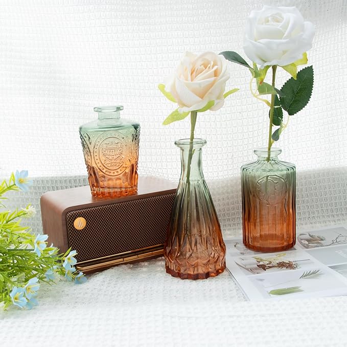 Vintage Glass Bud Vases, Set of 5 – Gradient Green Small Flower Vases for Wedding, Party, and Home Decoration