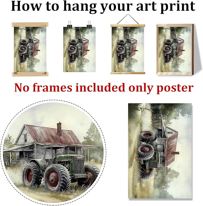 Vintage Tractor Pictures Farmhouse Truck Wall Art Rustic Farmhouse Painting Old Barn Posters Vintage Country Paintings Modern Farm Prints Green Tractor Pictures for Living Room 16x24in No Frame