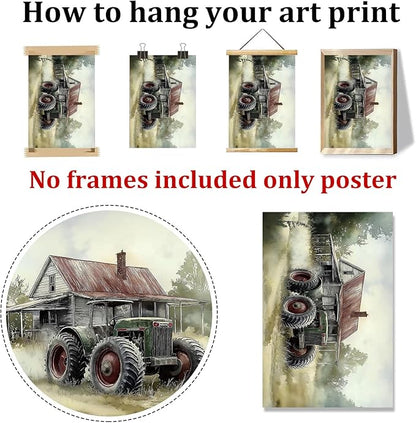 Vintage Tractor Pictures Farmhouse Truck Wall Art Rustic Farmhouse Painting Old Barn Posters Vintage Country Paintings Modern Farm Prints Green Tractor Pictures for Living Room 16x24in No Frame