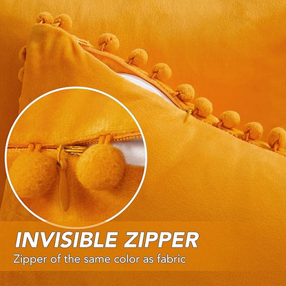 Deconovo Fall Pillow Covers Velvet Throw Pillow Covers, Set of 2, 20” x 20” Mustard Yellow, Square Pom-poms Soft with Invisible Zipper Cover for Sofa Couch Car