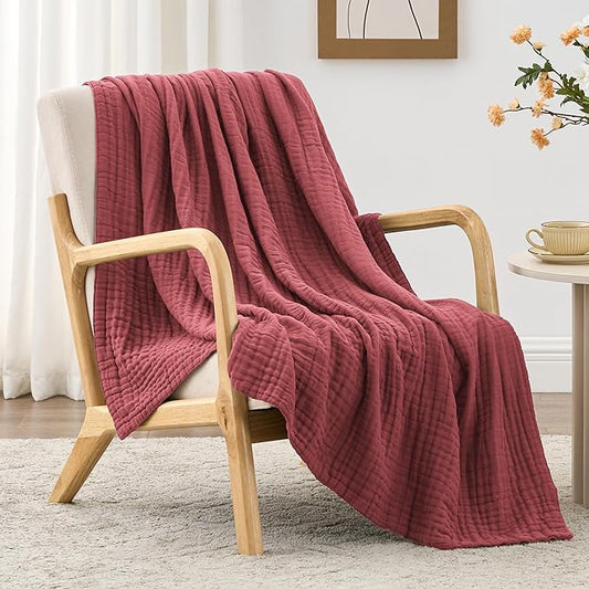 Love's cabin 6 Layer 100% Cotton Muslin Blanket, 50"x60" Throw Muslin Blanket for Couch Bed, Lightweight and Breathable Cotton Gauze for Adult, Wine Red