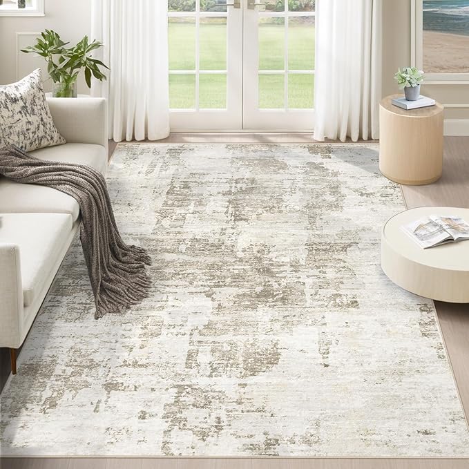 5x7 Area Rugs for Living Room, Washable Modern Abstract Large Area Rug Neutral Soft Non Slip Kids Rug Stain Resistant Indoor Carpet for Bedroom Nursery Dining Room Home Office(BeigeBrown, 5'x7')
