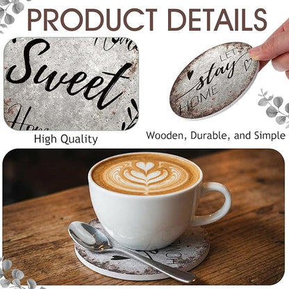 Queekay Coasters Set of 6 House Warming Gifts New Home Wooden Farmhouse Drink Coasters with Holder 4'' Funny Decoration for Kitchen Family Coffee Bar Tabletop Protection(Rust Color)