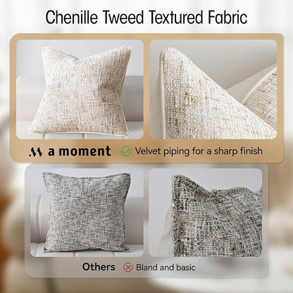 a moment Christmas Beige Reversible Pillow Covers 2 Pack - Farmhouse Chenille Throw Pillows, Neutral Textured Decorative Throw Pillow Covers with Border for Couch Sofa Bed (20x20 Inch, No Insert)