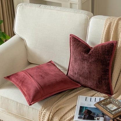 Yaertun Pack of 2 Chenille Textured Decorative Throw Pillow Covers Accent Solid Cushion Cover Soft Cozy Pillow Case with Velvet Back for Couch Sofa Bed Living Room 16x24 Inch Burgundy