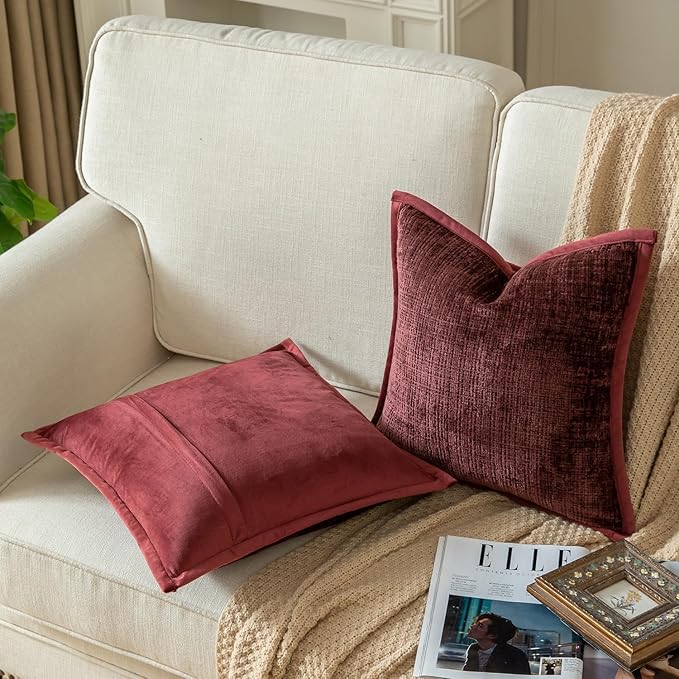 Yaertun Pack of 2 Chenille Textured Decorative Throw Pillow Covers Accent Solid Cushion Cover Soft Cozy Pillow Case with Velvet Back for Couch Sofa Bed Living Room 24x24 Inch Burgundy
