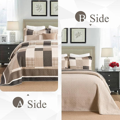 Farmhouse Queen Size Bedspread 102"x120" - 100% Cotton Lightweight Oversized Queen Quilt with 2 Pillowshams, Cottage Plaid Quilted Bedding Coverlet for All Season, 3Pcs, Brown/Beige/Oatmeal