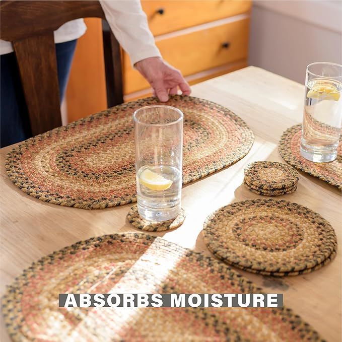 Homespice Russet Jute Braided Coasters 4", Warm Country Decor, Set of 6, Multicolor - Durable, Absorbs Moisture, Easy to Clean and Protects Furniture