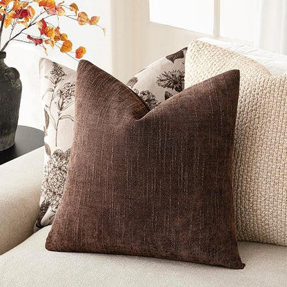 Foindtower Pack of 2 Soft Textured Chenille Throw Decorative Pillow Covers Square Accent Solid Cushion Cover Cozy Neutral Farmhouse Pillow Case for Couch Sofa Bedroom Living Room 26x26 Inch,Red Brown