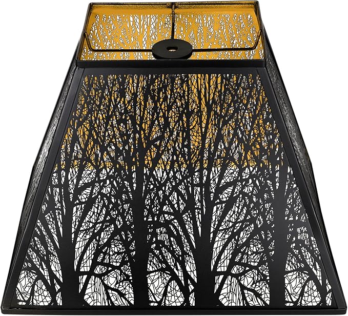 Large Metal Lampshade New Pyramid Shape Design 7'' Top 14'' Bottom 10'' Height ALUCSET Square Bell Shade Lamp Shade Forest Design Black and Gold fits for Table Lamps and Floor Lamps