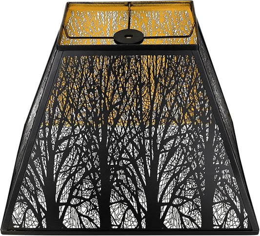 Large Metal Lampshade New Pyramid Shape Design 7'' Top 14'' Bottom 10'' Height ALUCSET Square Bell Shade Lamp Shade Forest Design Black and Gold fits for Table Lamps and Floor Lamps