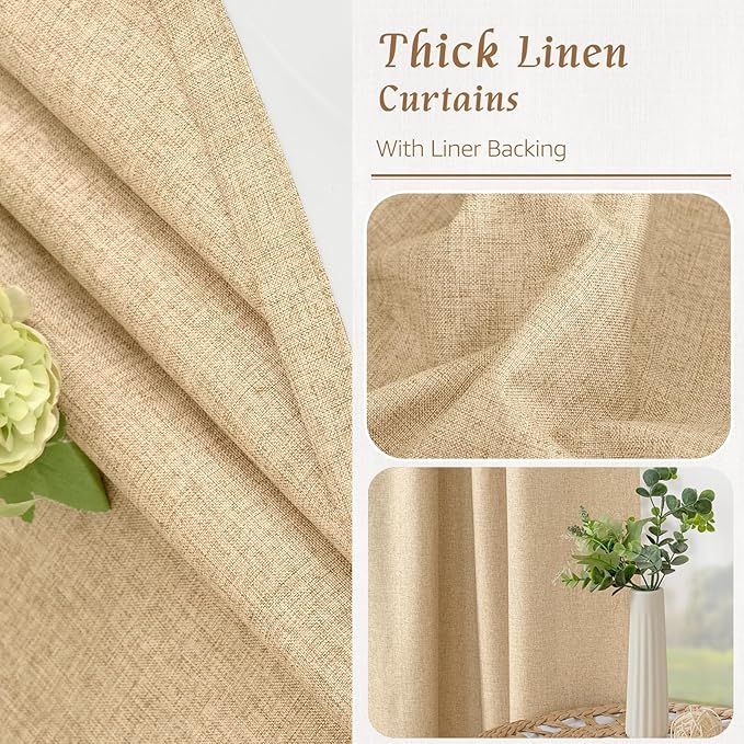 LAMIT 40 Inch Length 100% Blackout Linen Curtains, Linen Textured Thermal Curtains Back Tab and Rod Pocket Neutral Panels with White Liner for Kitchen/Windows/Cafe, 2 Panels, 42 x 40 Inch, Burlap
