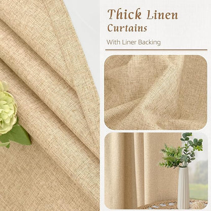LAMIT Natural 100% Blackout Linen Curtains, 54 Inches Linen Textured Thermal Bedroom Curtains Back Tab and Rod Pocket Neutral Panels with White Liner for Farmhouse, 2 Panels, 42 x 54 Inch, Burlap